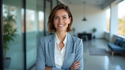 Confident businesswoman in a suit smiles, exuding professional success