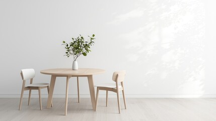 Minimalist dining room, wooden table, chairs, plants, sunlight