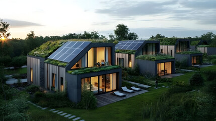 Naklejka premium A set of modern eco-houses with solar panels on the roof, green roofs, and energy-saving features, designed for environmentally conscious living.