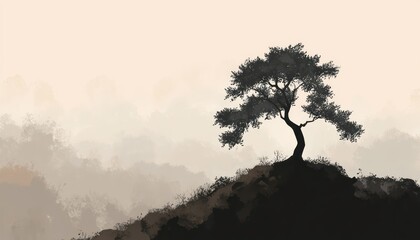 Solitary Tree on Misty Mountaintop Silhouette
