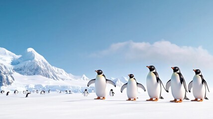 Fototapeta premium A group of penguins waddles across a snowy landscape, set against a backdrop of icy mountains and a clear blue sky.