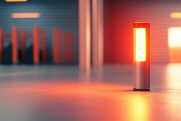 A glowing red light pillar stands in a dimly lit, modern space, casting reflections on the smooth floor, creating a dramatic atmosphere.