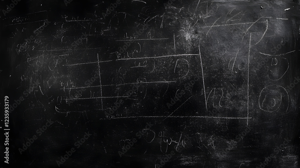Fototapete Vintage blackboard filled with various chalk marks scribbles and doodles in an empty weathered classroom setting  The textured worn surface and dark moody atmosphere create a grungy retro aesthetic