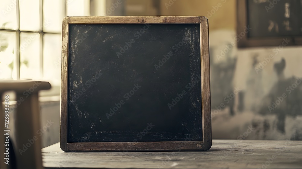 Aufkleber vintage blank blackboard or chalkboard in an old rustic classroom interior with wooden desk furnitur