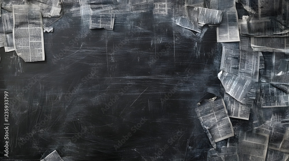 Poster Vintage chalkboard background with a rough weathered texture and scattered chalk scribbles  The dark grungy appearance creates a moody