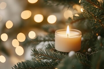 Cozy Christmas Candle on Fir Tree Branch with Lights