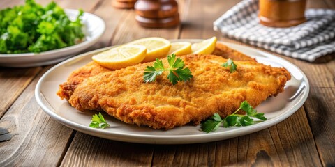 Crispy golden brown chicken schnitzel on a plate, fried, meal,  fried, meal, comfort, juicy, homely,crunchy, savory
