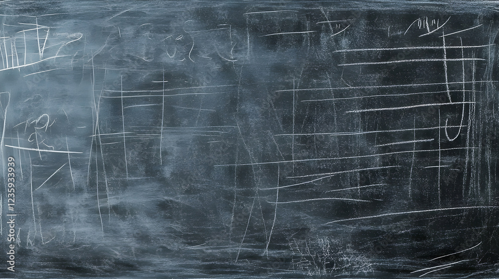 Poster vintage chalkboard in an empty classroom with traces of lessons and faint diagrams or formulas drawn