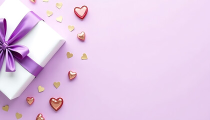 Obraz premium White Gift Box with Purple Ribbon on Soft Pink Background