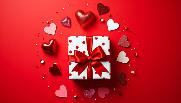Festive Gift Box with Red Polka Dots and Bow on Vibrant Red Background
