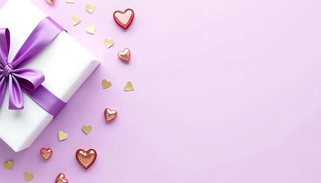 White Gift Box with Purple Ribbon on Soft Pink Background