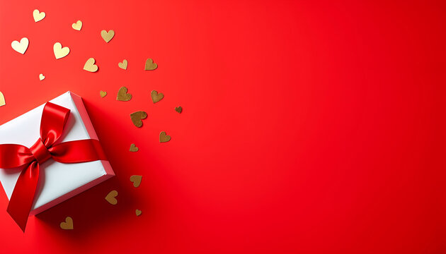 White Gift Box with Red Ribbon and Scattered Hearts on Red Background