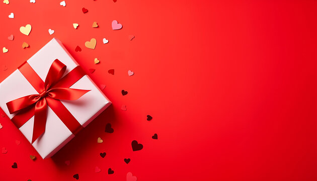 Elegant Gift Box with Red Ribbon and Golden Hearts on Vibrant Red Background