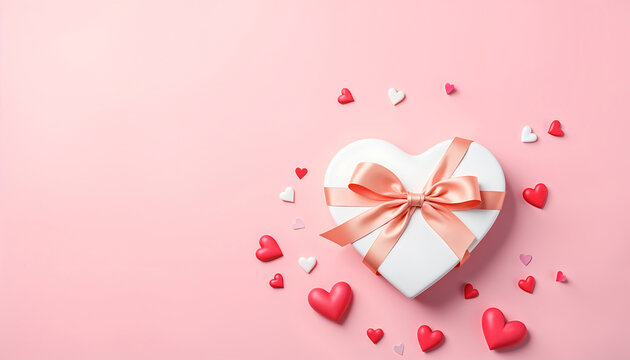 Heart-Shaped Gift Box with Pink Ribbon on Pastel Pink Background