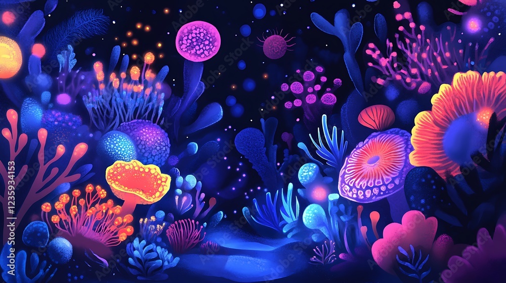 Poster fluorescent underwater flora; vibrant digital art; surreal ecosystem; background; for website design