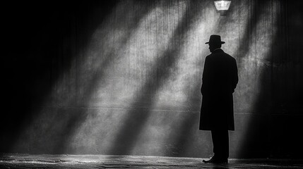 Mysterious man, alleyway, night, shadows, film noir style, website background