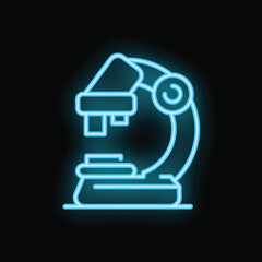 Neon blue icon of a microscope glowing on a black background