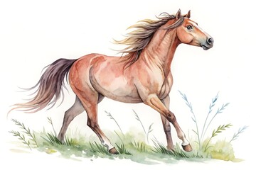 Obraz premium Watercolor illustration of a majestic horse in field on white background