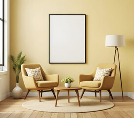 Frame mockup, ISO A2 size. Dining room wall visual mockup. Interior mockup with vibrant background. Contemporary interior design