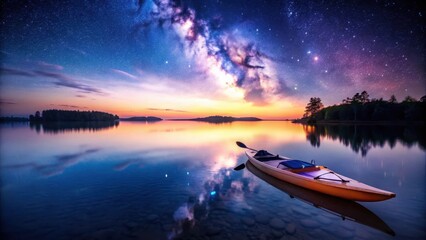 A kayak floats serenely on the surface of a peaceful lake under a canopy of stars and a vast, open sky with subtle hints of blue and purple in the distance , Lake Scene, Water Sports
