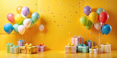 A vibrant backdrop of yellow with colorful balloons and gift boxes symbolizing celebration and joy.