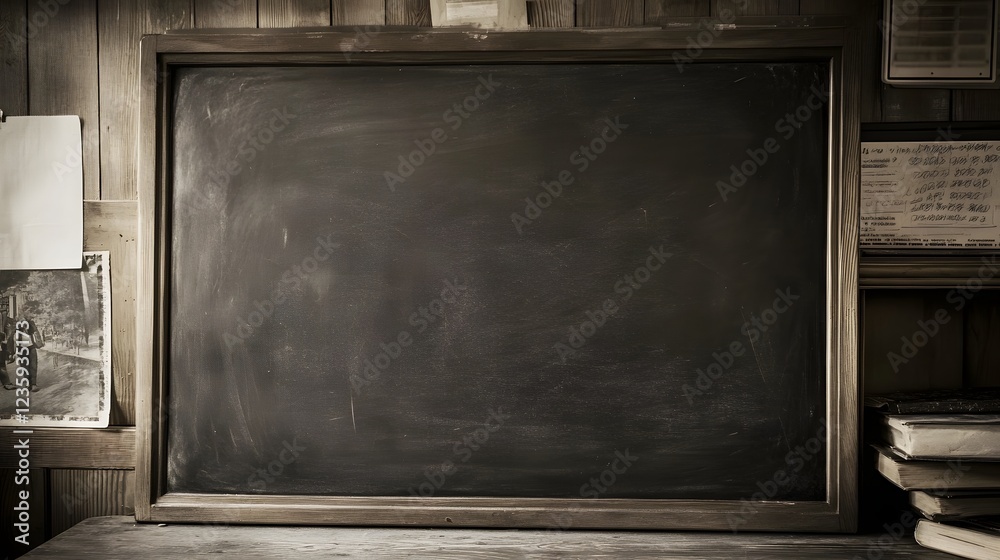 Aufkleber vintage empty chalkboard or blackboard in a rustic weathered wooden frame mounted on a grunge textur