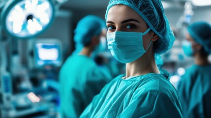 Surgeon in scrubs and a mask preparing for an operation in a high-tech operating room