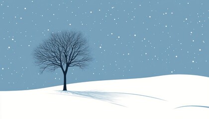 A lone bare tree stands in a snowy winter landscape