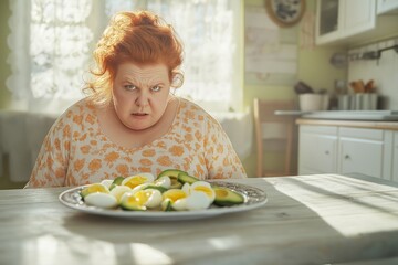 A woman looks frustrated at a plate of healthy proteins, contemplating her paleolithic diet choices and their impact on her weight loss journey.