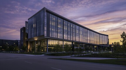 Obraz premium Office building glowing in golden dusk light, framed by urban skyline, evoking a sense of modern ambition and quiet reflection.