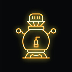 Yellow glowing neon sign representing a moonshine still, with its different parts highlighted, on a black background