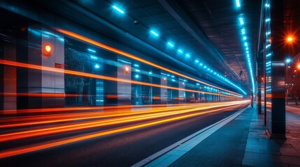Fototapeta premium Dynamic City Tunnel at Night with Vibrant Light Trails