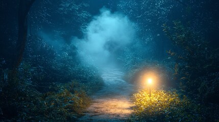 Fototapeta premium Mystical forest path, night fog, glowing lantern, adventure