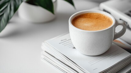 Cozy coffee cup resting on a stack of magazines with a plant in the background, creating a serene atmosphere