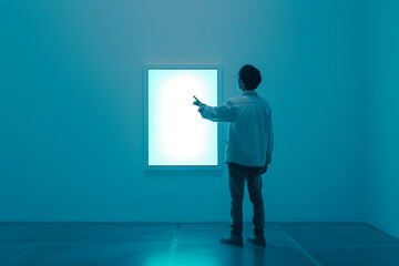 The Artist's Touch, A man in a white shirt stands in a gallery, his finger poised on a blank canvas, ready to create.  The soft blue light casts a mysterious glow on the scene.