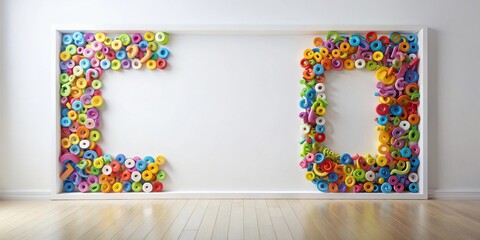 Colorful shapes create a unique frame on a white wall, adding a playful touch to the minimalist room.