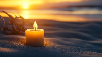 Burning Candle on Sandy Beach at Sunset