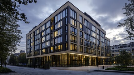 Fototapeta premium Office building glowing in golden dusk light, framed by urban skyline, evoking a sense of modern ambition and quiet reflection.