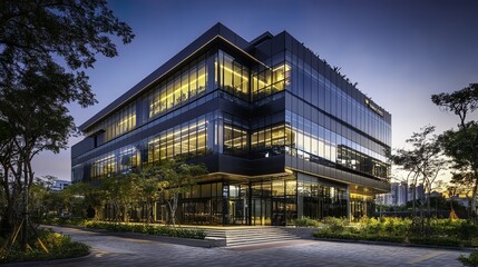 Obraz premium Office building glowing in golden dusk light, framed by urban skyline, evoking a sense of modern ambition and quiet reflection.