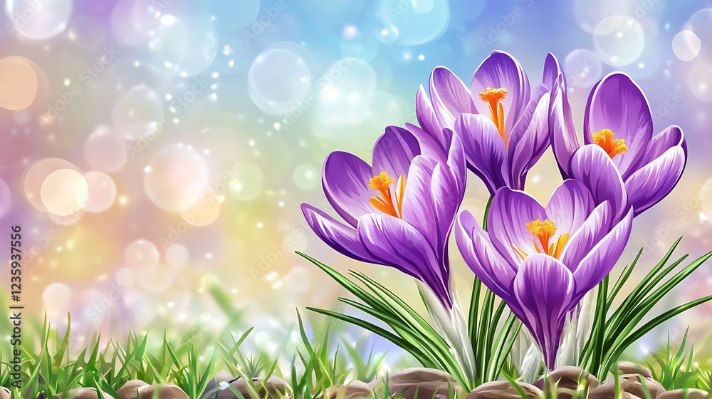 Aufkleber Spring Crocuses in Soft Light Background. Illustration. Possible use Greeting card, website banner