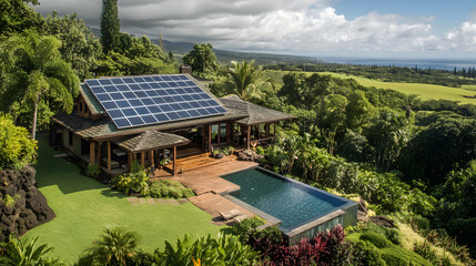 A single-family home equipped with solar panels, surrounded by lush nature, creating an eco-friendly and sustainable living environment.
