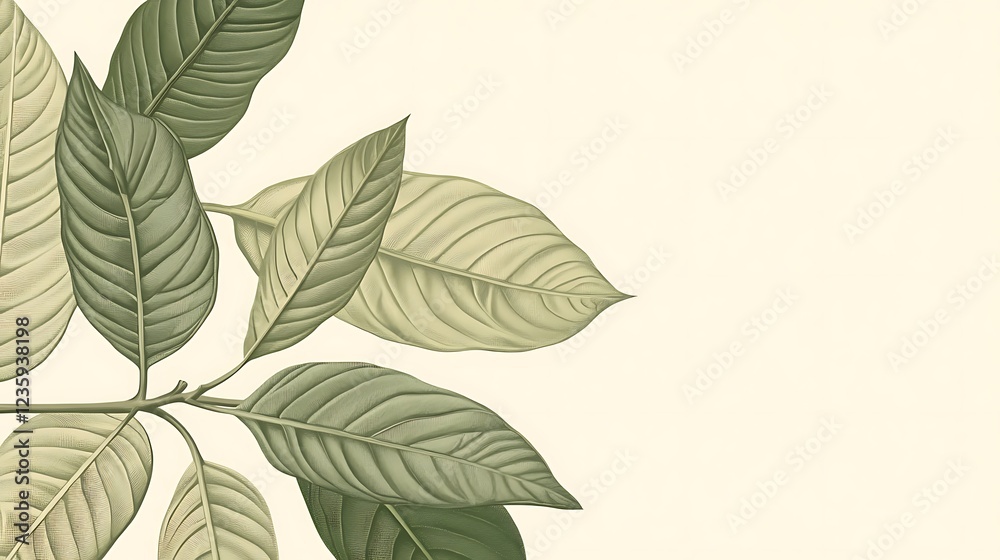 Poster detailed illustration of leaves on branch against light beige background. possible use digital art p