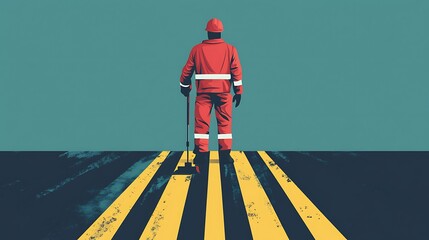 Worker in safety gear stands on yellow safety stripes.  Possible use Stock photo for safety training, construction, industrial themes