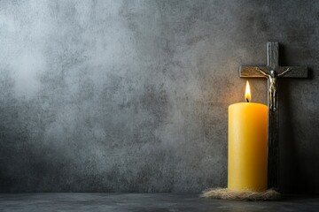 Burning Candle and Crucifix on Gray Background