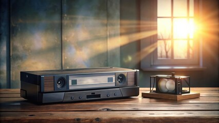 Fototapeta premium A vintage VCR sits on a wooden table with a camera in the background, bathed in the warm glow of the setting sun.
