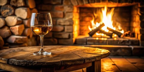 A glass of wine sits on a worn wooden side table next to a crackling fireplace, with soft golden light spilling across the surrounding stone wall , dim lighting, glass of wine