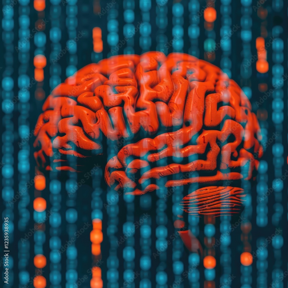 Poster futuristic brain image surrounded by digital data streams and code