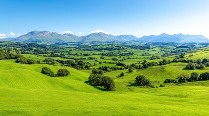 Sunny mountain valley landscape, green hills, summer