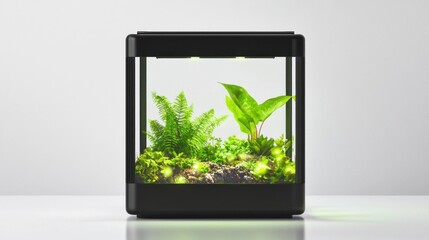 Fototapeta premium Illuminated Terrarium with Green Plants on White Background