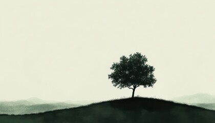 Fototapeta premium Solitary Tree on Hilltop Amidst Misty Mountains